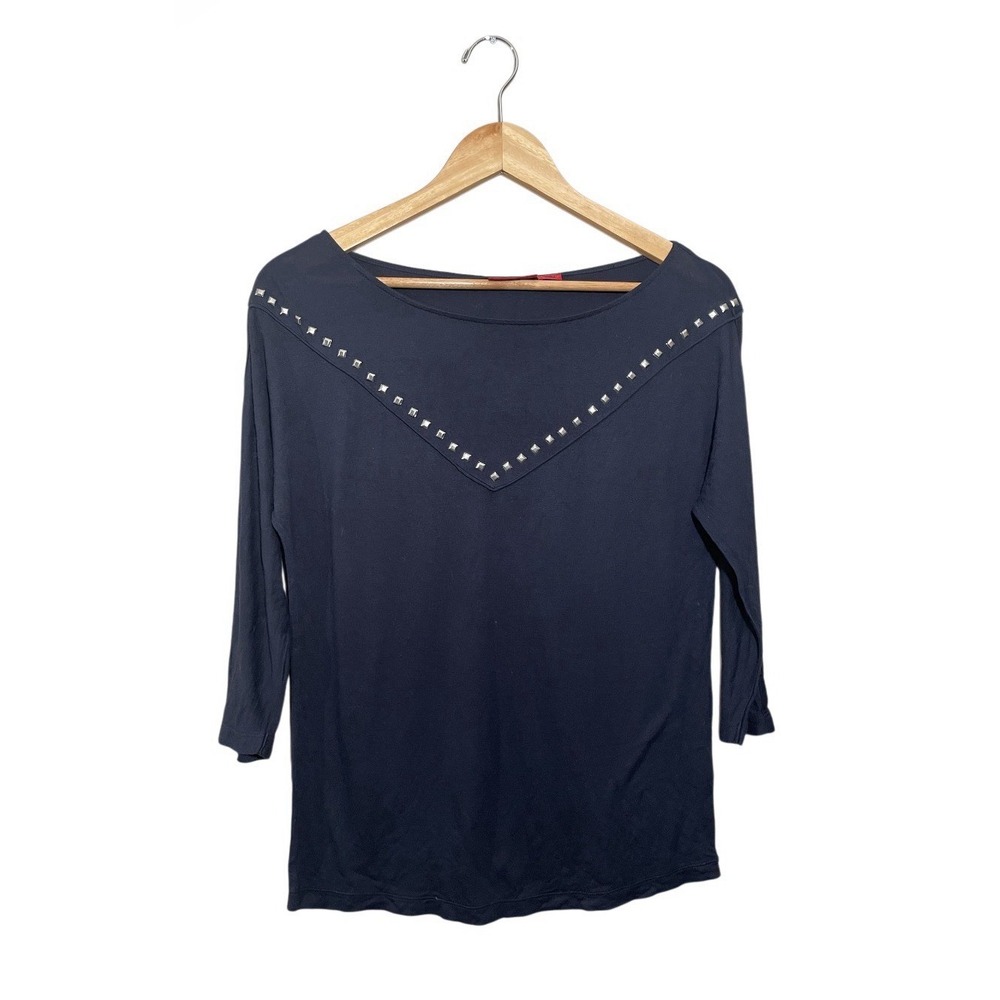 Hugo Boss Embellished Top Womens XS Western‎ Studs 3/4 Sleeve Cowgirl Navy Blue